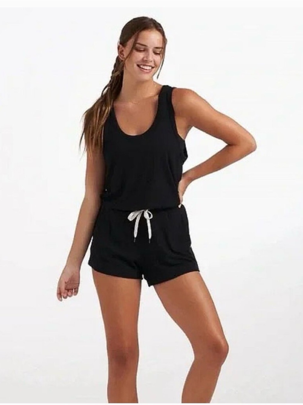 Vuori Torrey Black Ribbed Sleeveless Romper with Drawstring